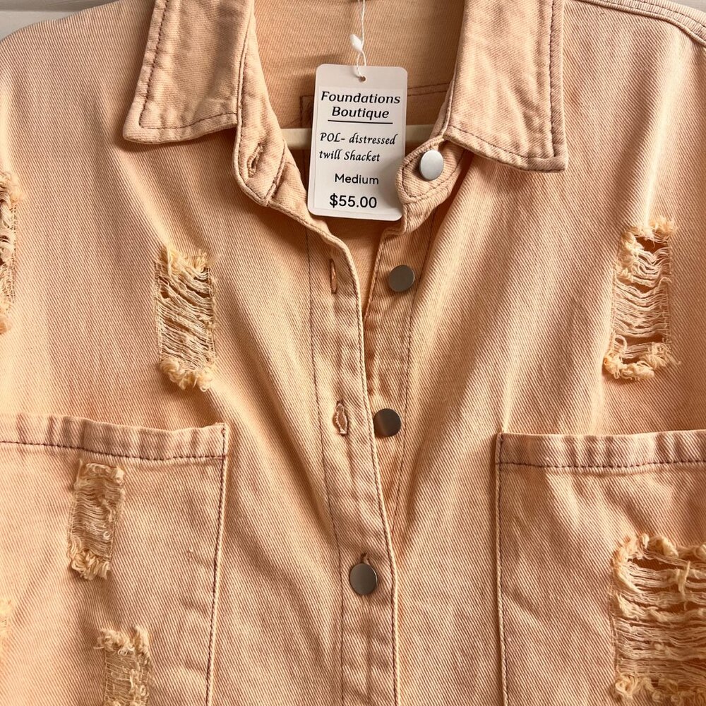 NWT POL Distressed Shacket Button Down Oversized Pink Beige Fringe Hem - Picture 6 of 6
